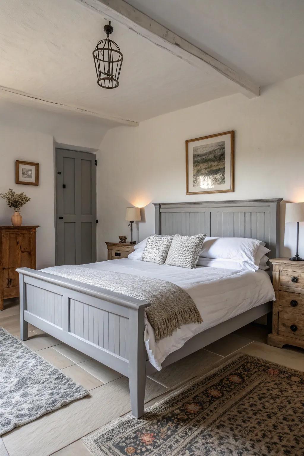 A chic grey bed frame paired with crisp white bedding.