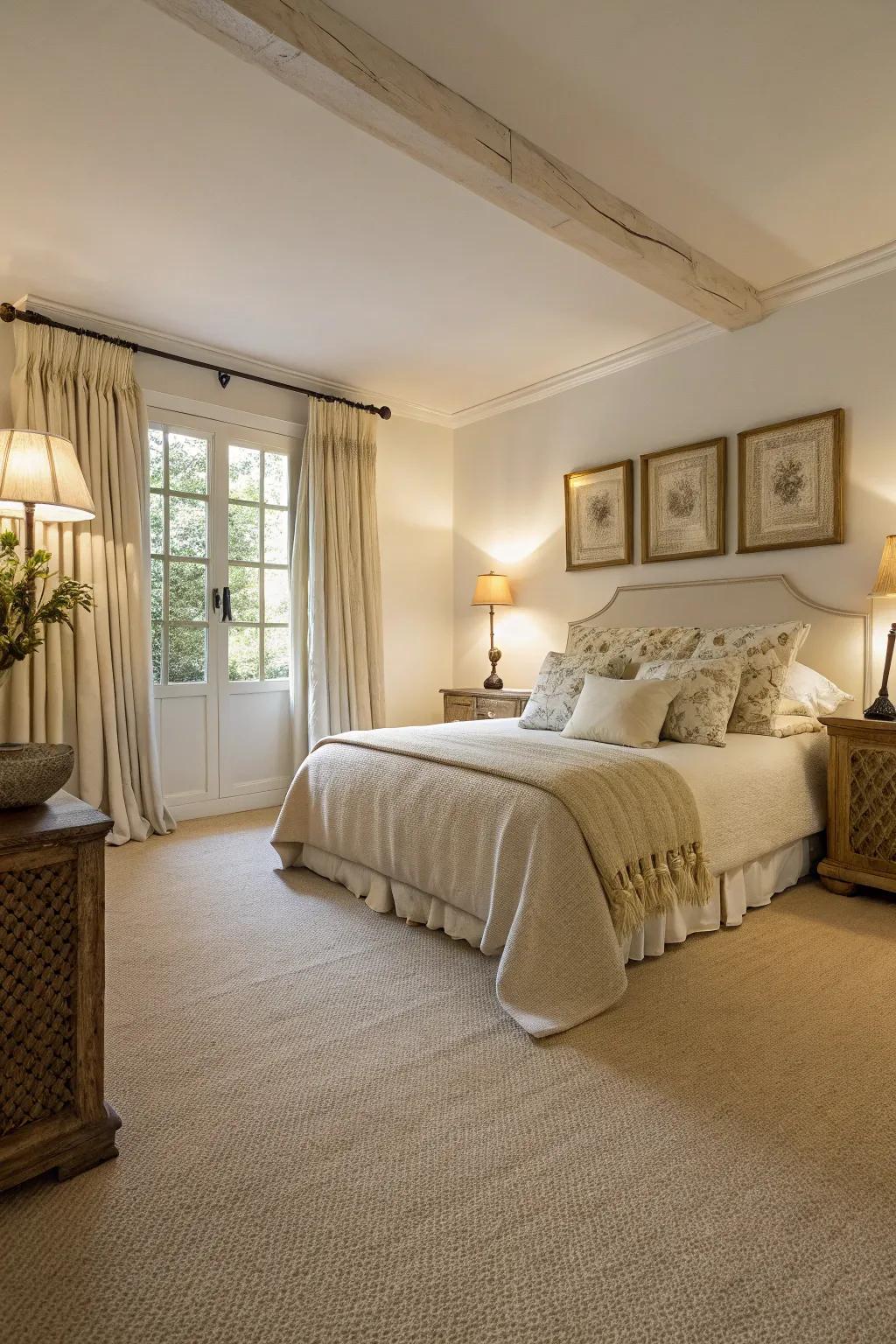 A soothing bedroom with a harmonious neutral palette, highlighting the elegance of a beige carpet.
