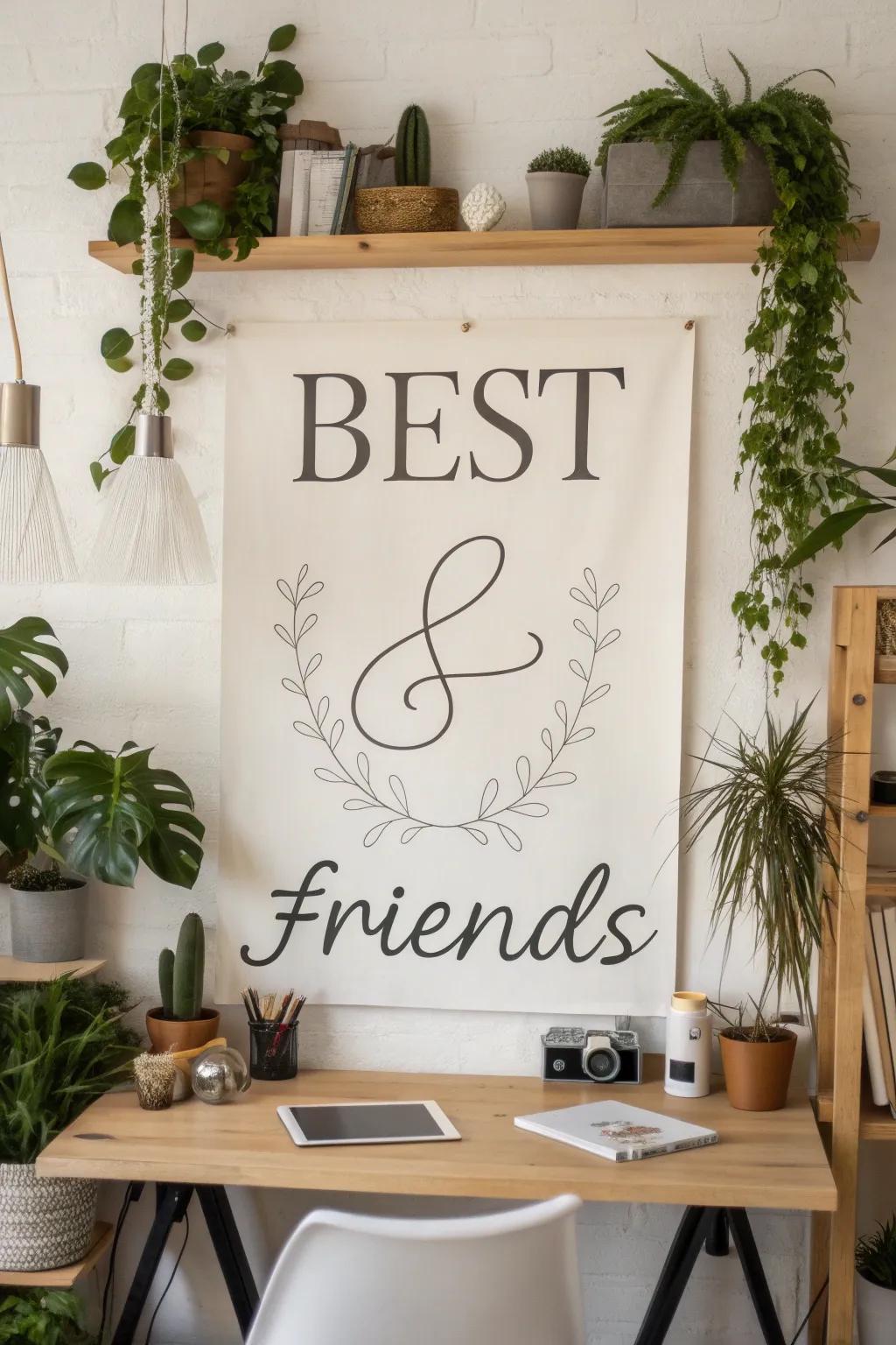 A personalized poster featuring intertwined names in a chic home office.