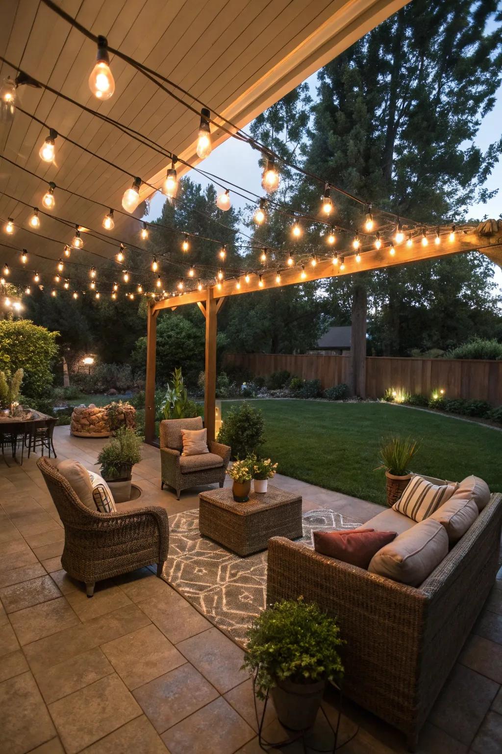 String lights add a cozy glow to outdoor spaces.