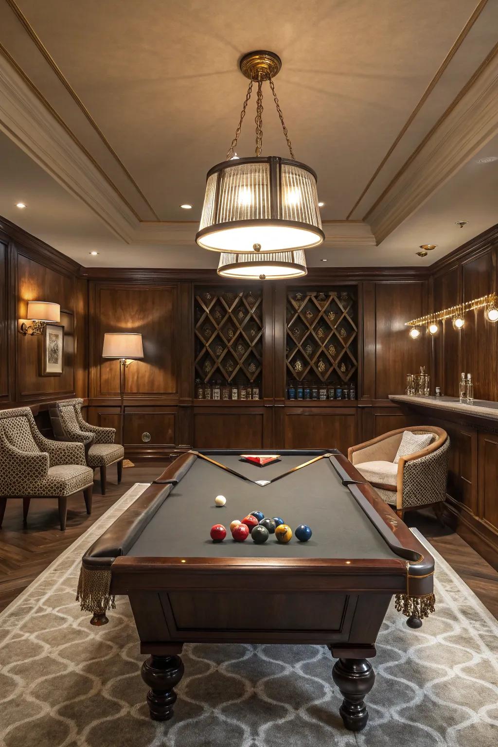 A unique pool table as the focal point of a stylish billiard room.