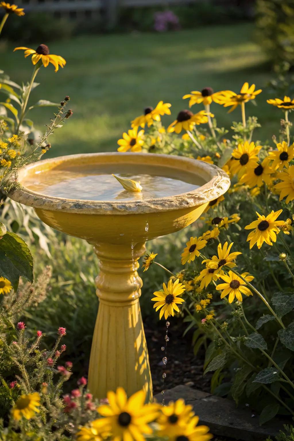 A sunny yellow bird bath nestled among sunflowers, enticing goldfinches and other bright birds.