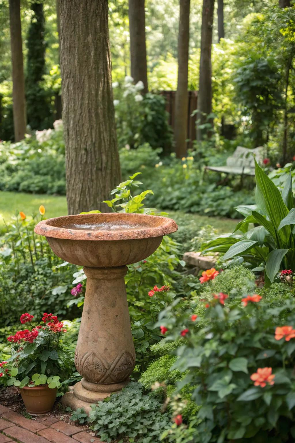 A terracotta bird bath offering a rustic touch to a vibrant garden.