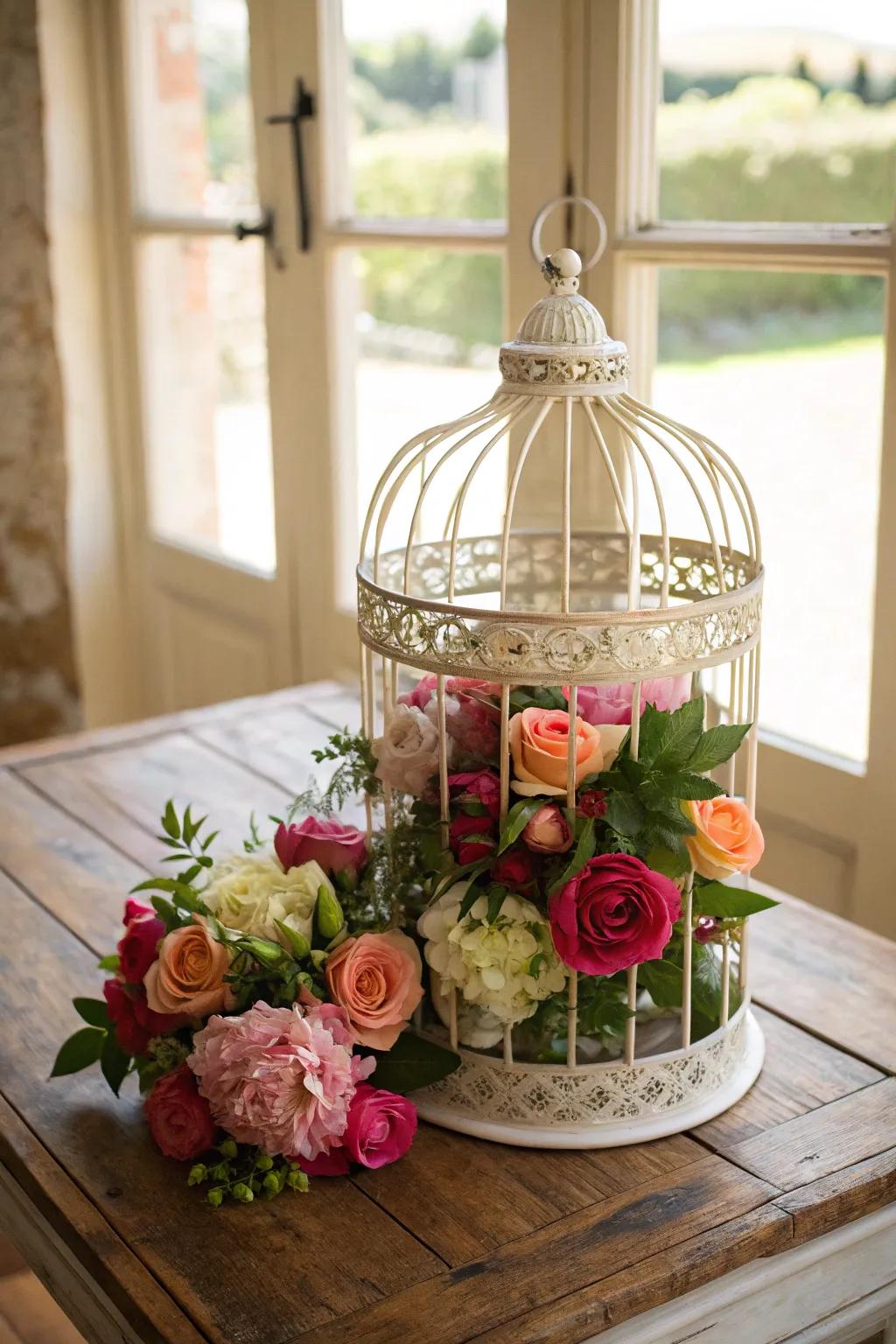 A floral-filled bird cage centerpiece exuding romantic charm.