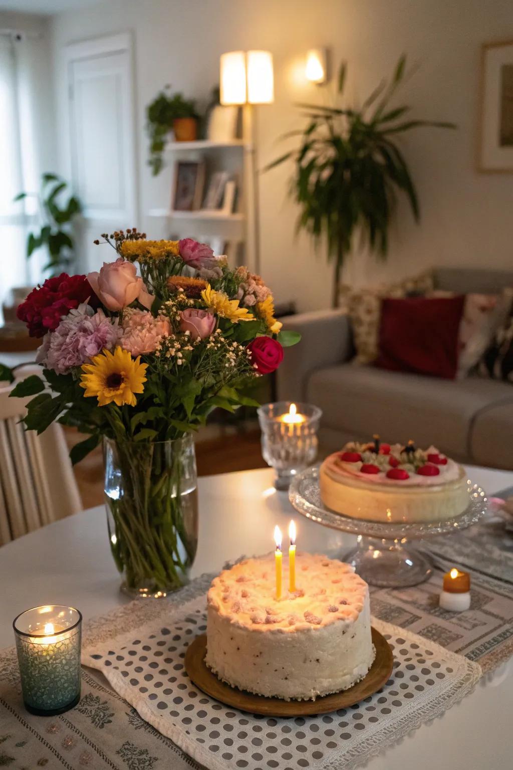 Seasonal blooms bring a touch of natural elegance to the birthday table.