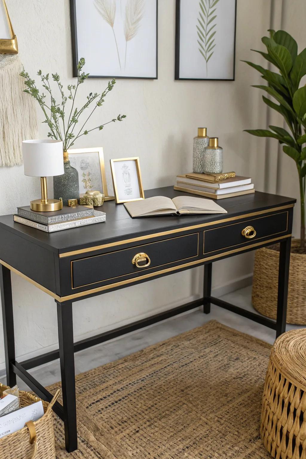 A black desk with gold trim adds a touch of sophistication to any office.
