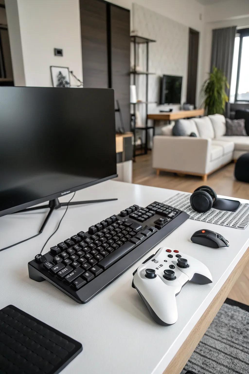 A minimalist monochrome gaming setup that emphasizes simplicity and style.