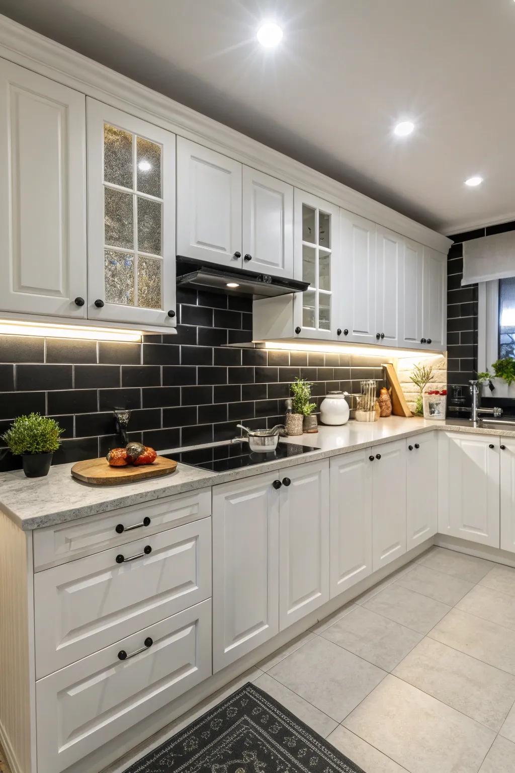 A kitchen that masterfully uses contrast to create a bold statement with a black backsplash.