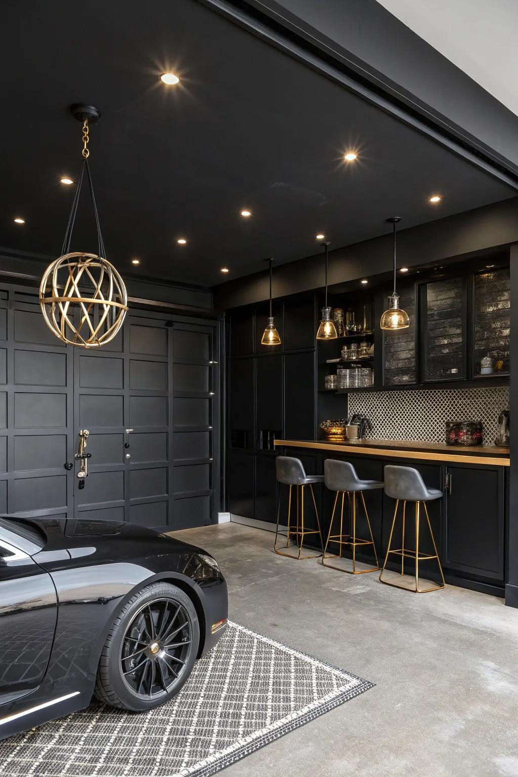 Black walls add a dramatic flair to this modern garage.