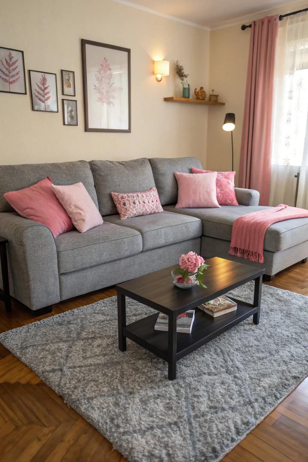 A grey sectional with pink pillows creates a balanced and inviting space.