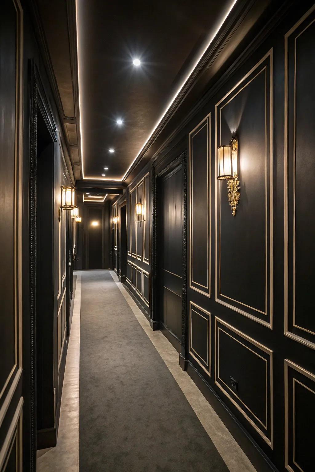 Dark walls set the stage for a bold and sophisticated hallway.