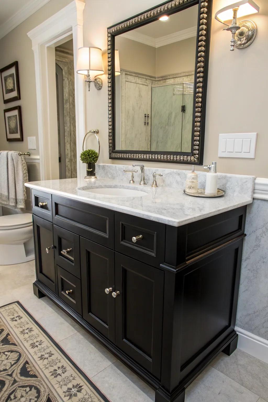 The timeless elegance of black and white creates a harmonious and chic bathroom atmosphere.