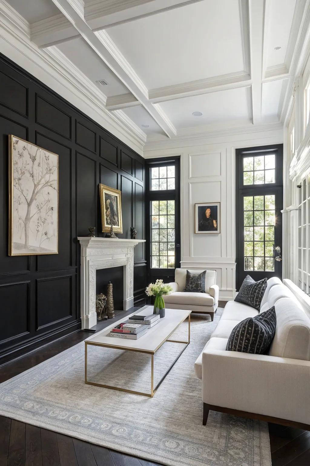 Living room showcasing black wainscoting with contrasting white walls.