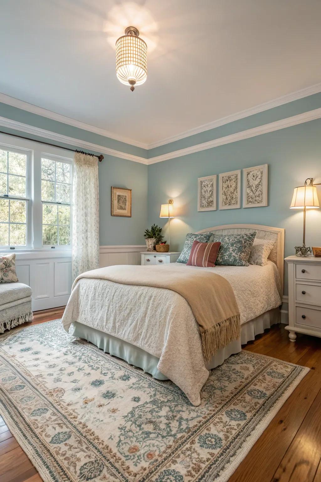 Soft blue walls in a bedroom create an inviting and tranquil ambiance.