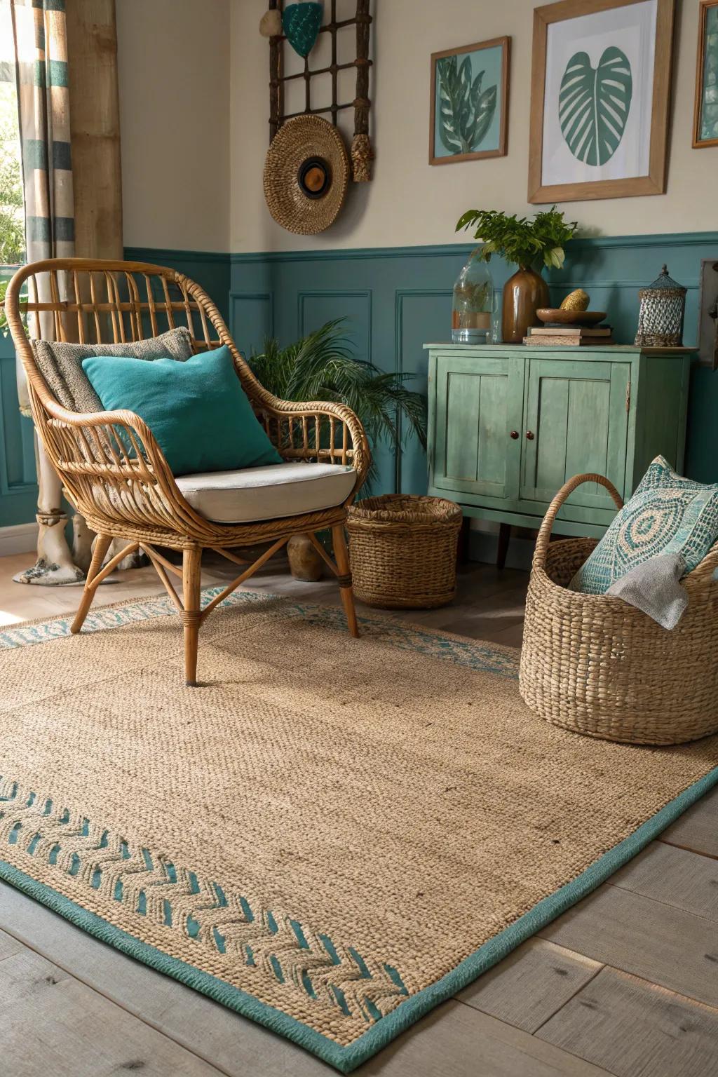 Natural textures beautifully complement blue-green decor.