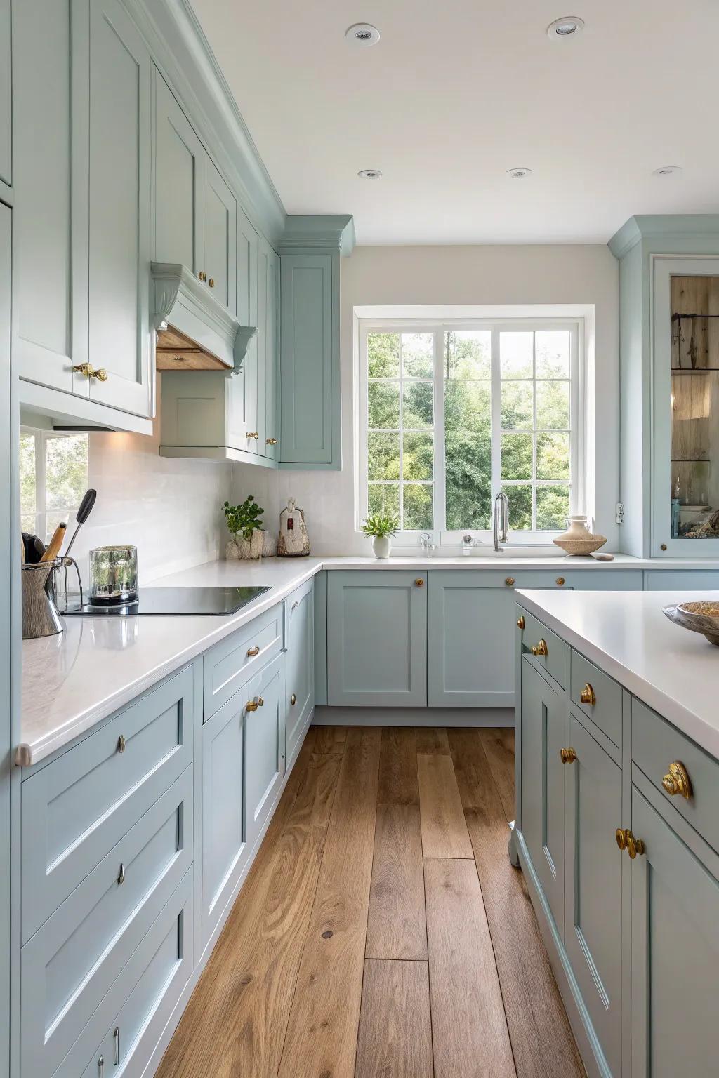 Light blue cabinets paired with white countertops create a serene and airy kitchen atmosphere.