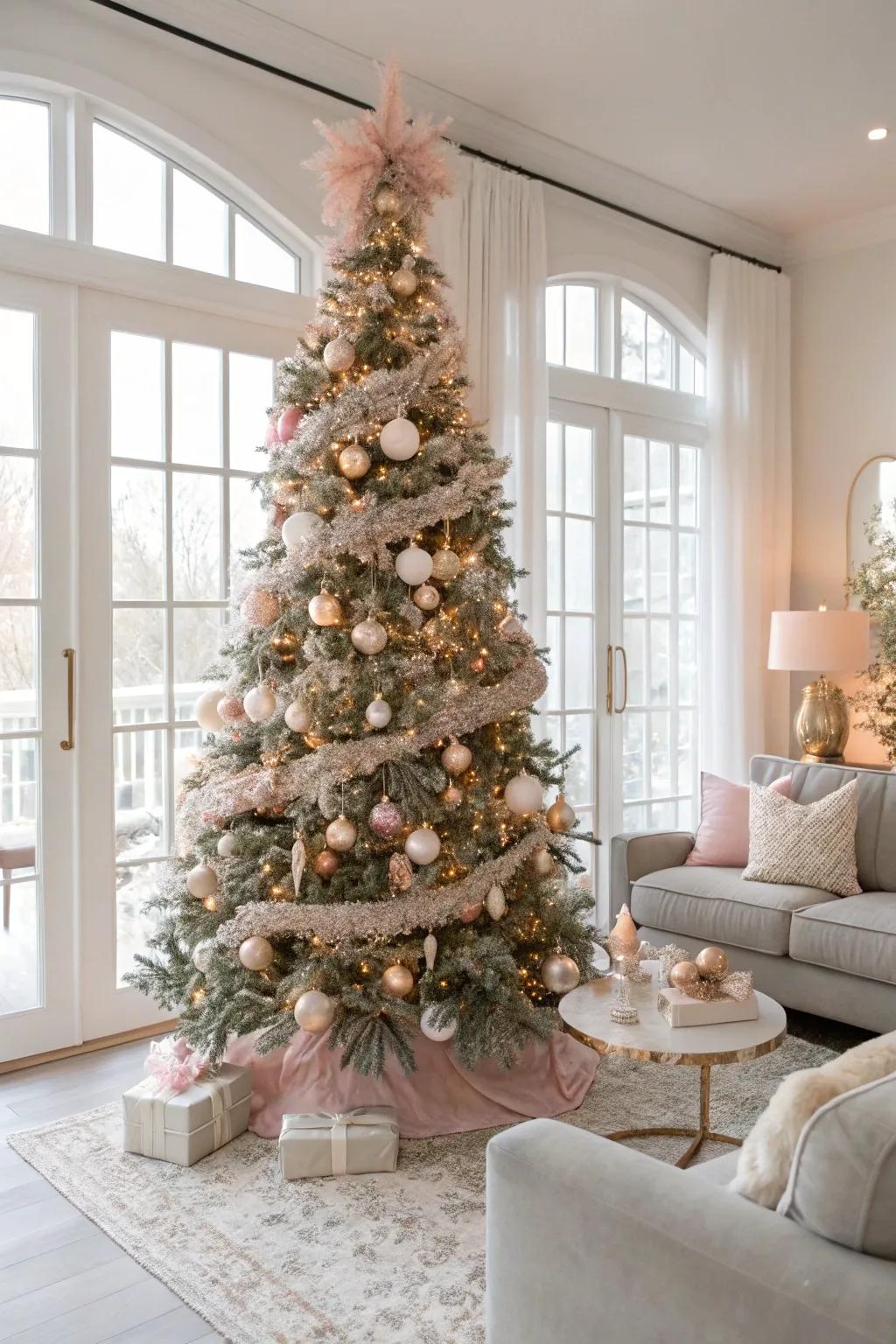 A tree wrapped in blush pink garlands for a soft, romantic look.