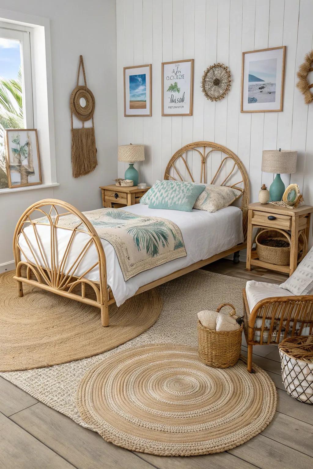 Natural materials like rattan and jute create a warm, inviting atmosphere.