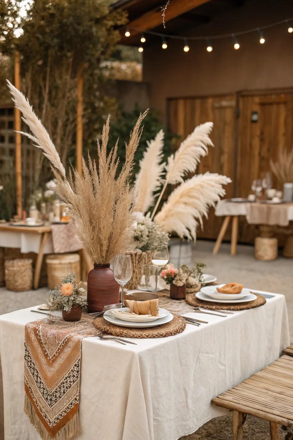 Pampas grass adds a touch of elegance to boho bridal shower decor.