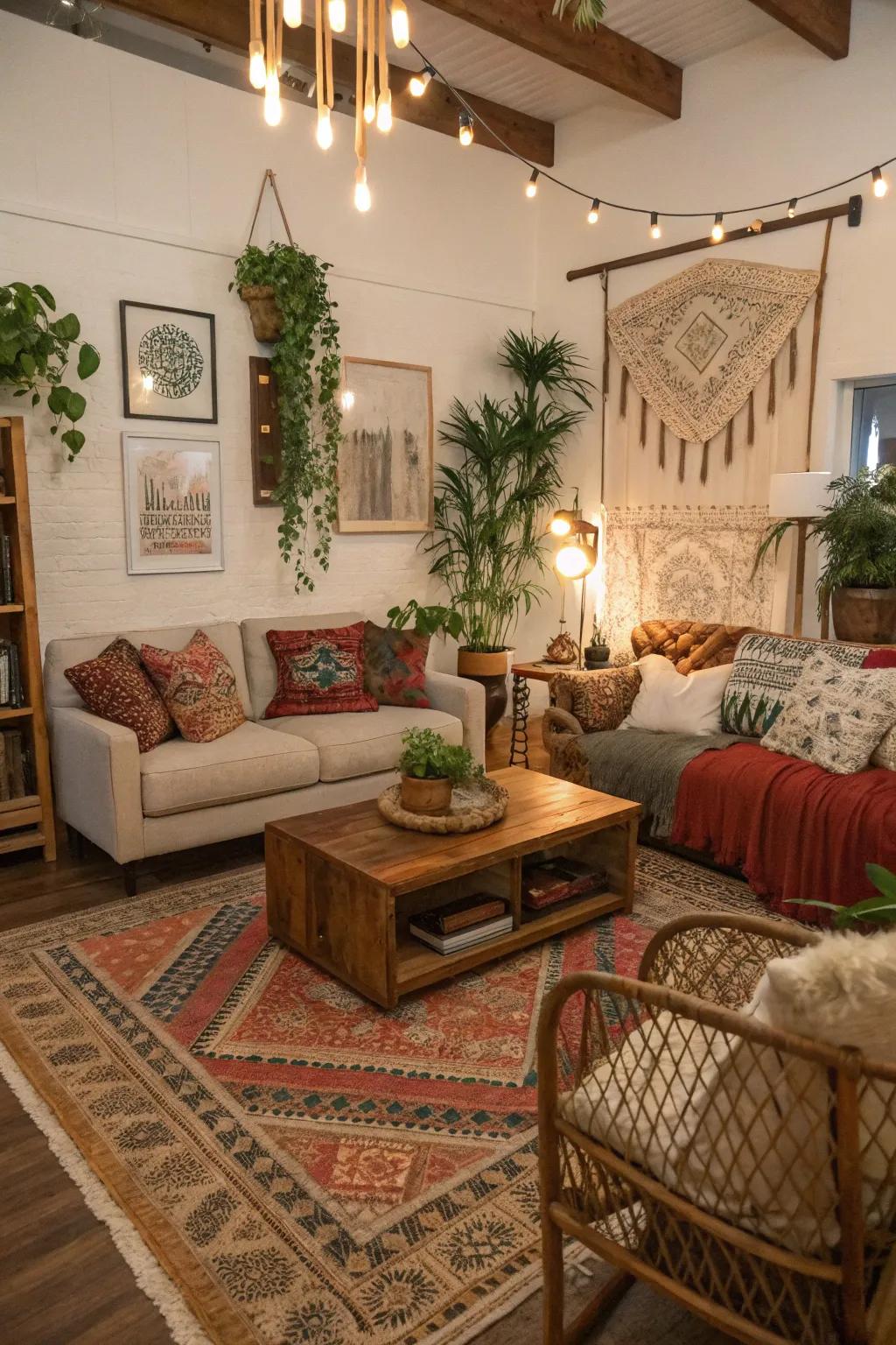 An eclectic living room showcasing a blend of furniture styles.