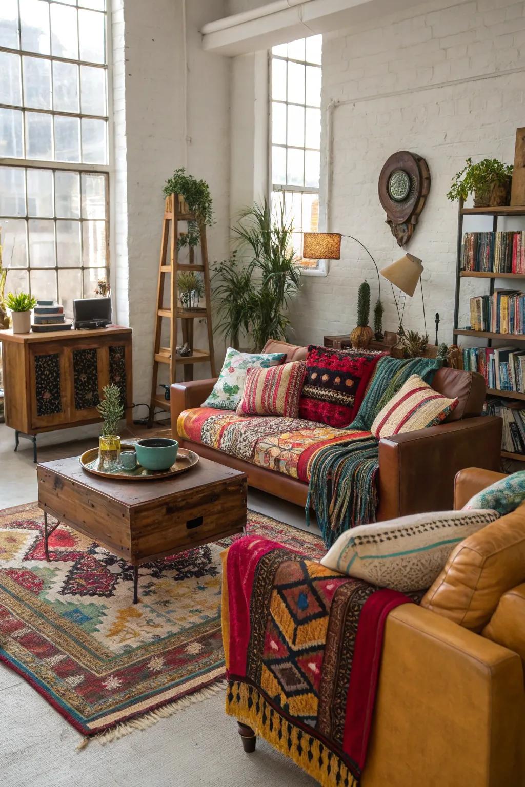 Eclectic furniture transforms your loft into an inviting bohemian haven.