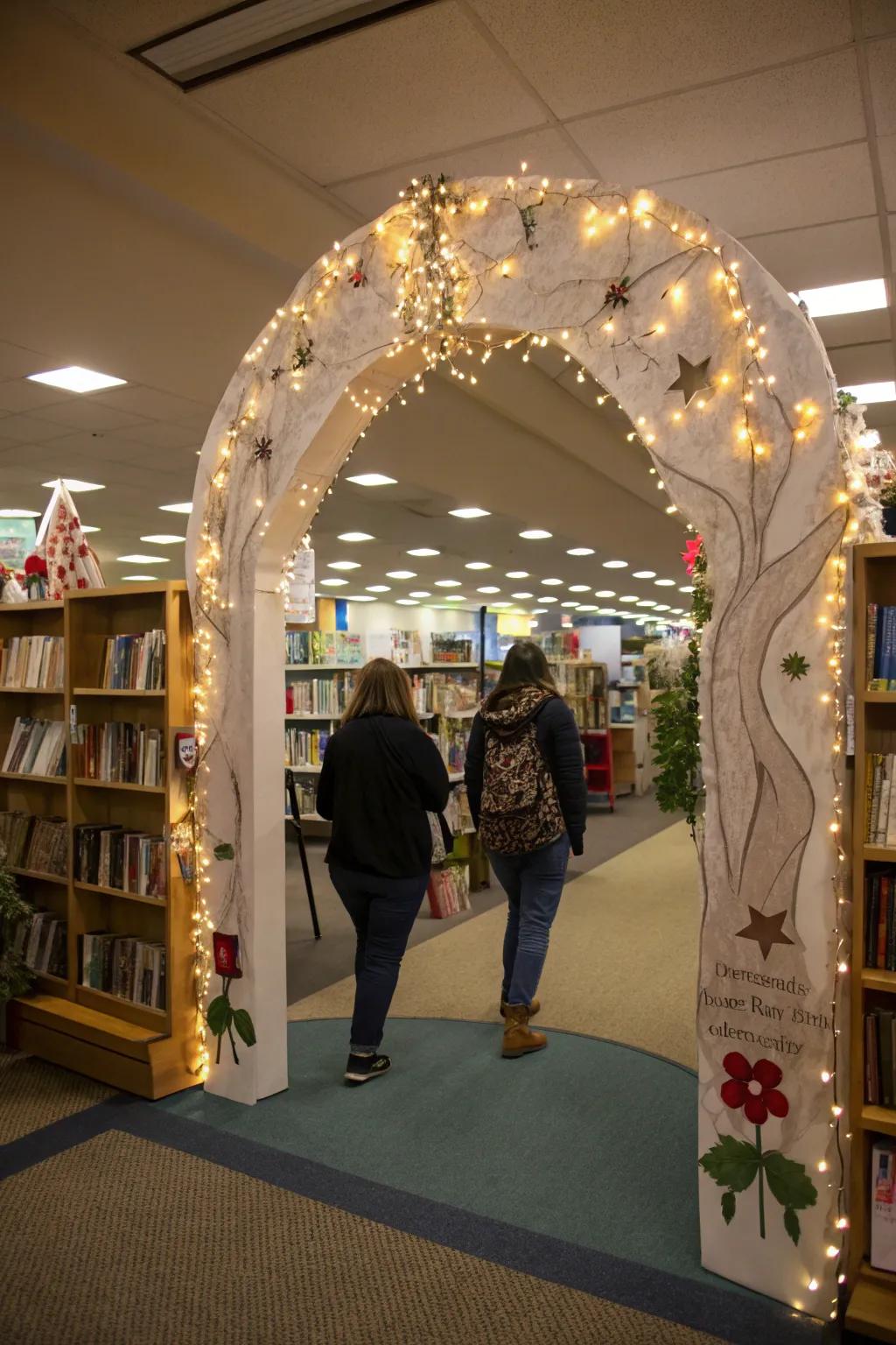 A magical entrance to the book fair with twinkling lights and a creative archway.