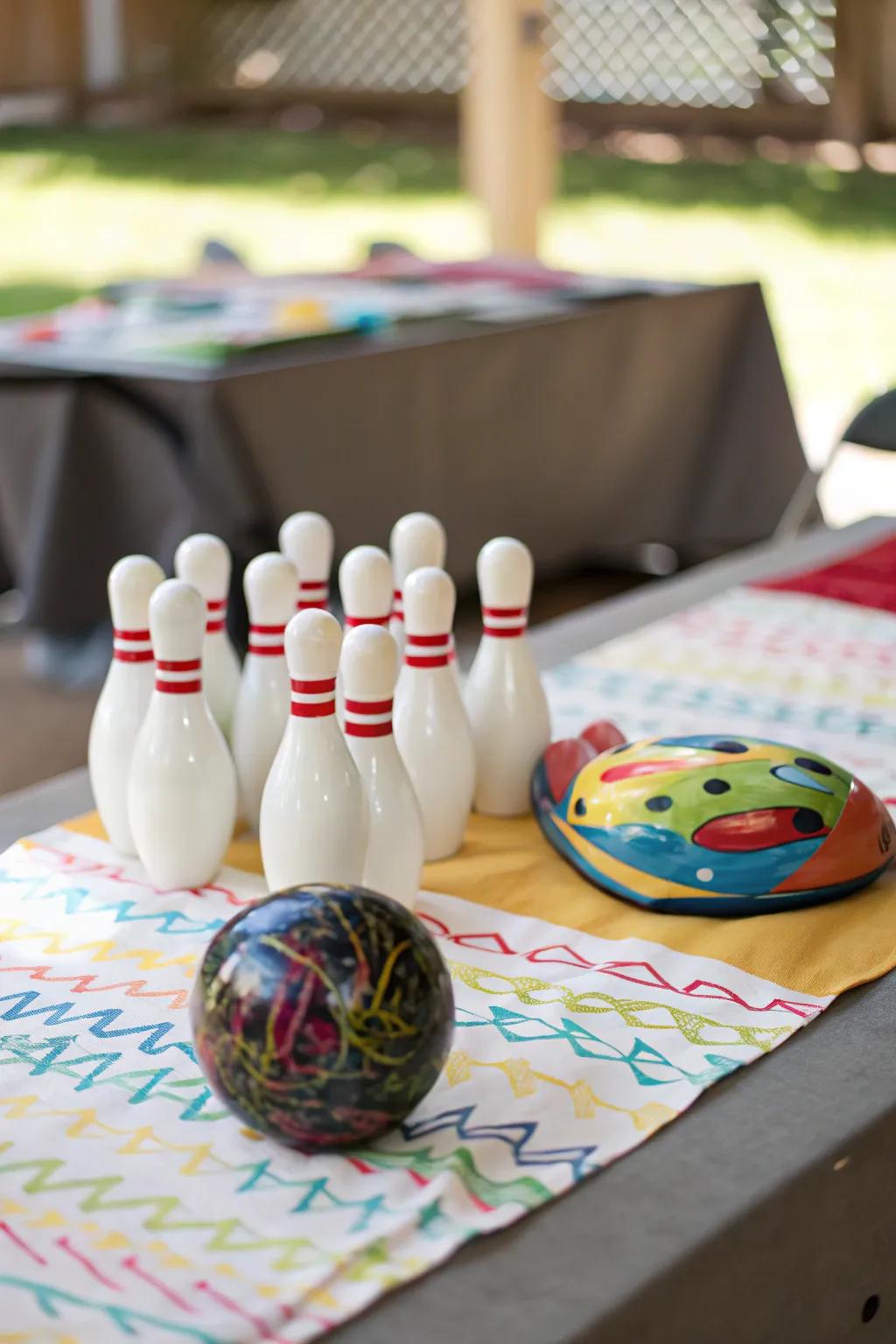 Classic combination of bowling pins and a ball for a charming centerpiece.