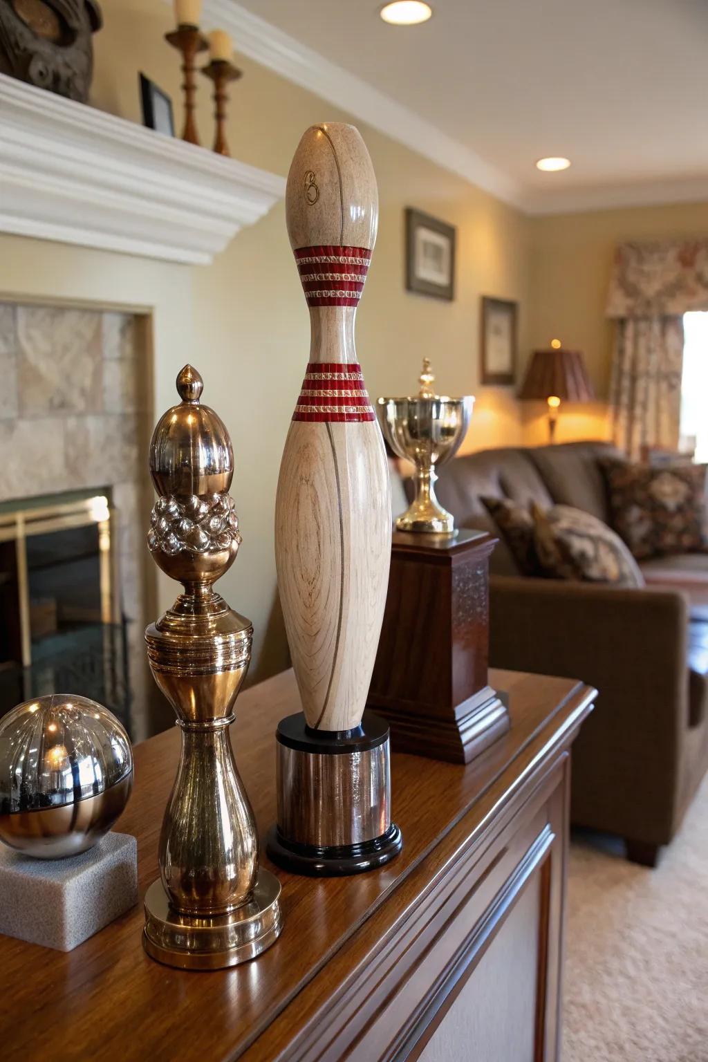 A classic bowling pin trophy adds nostalgia.