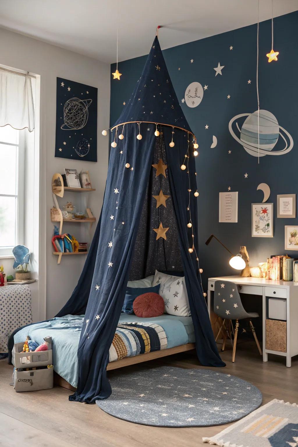 Launch into dreams with a space explorer's canopy bed.