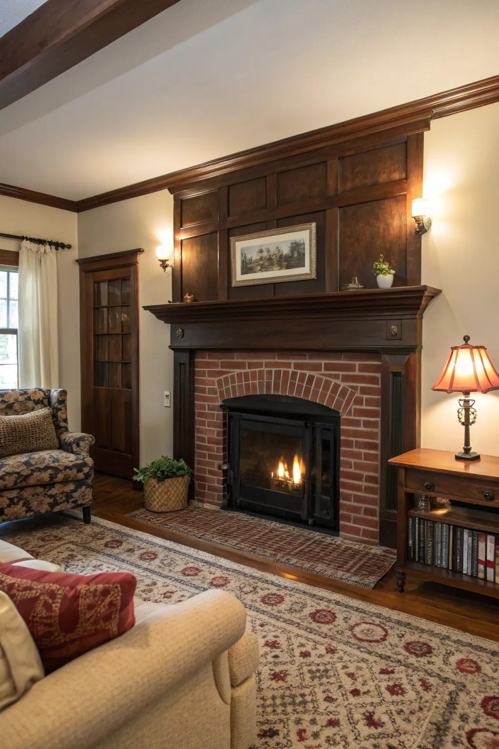 A timeless red brick hearth with a dark wood mantel, perfect for cozy gatherings.