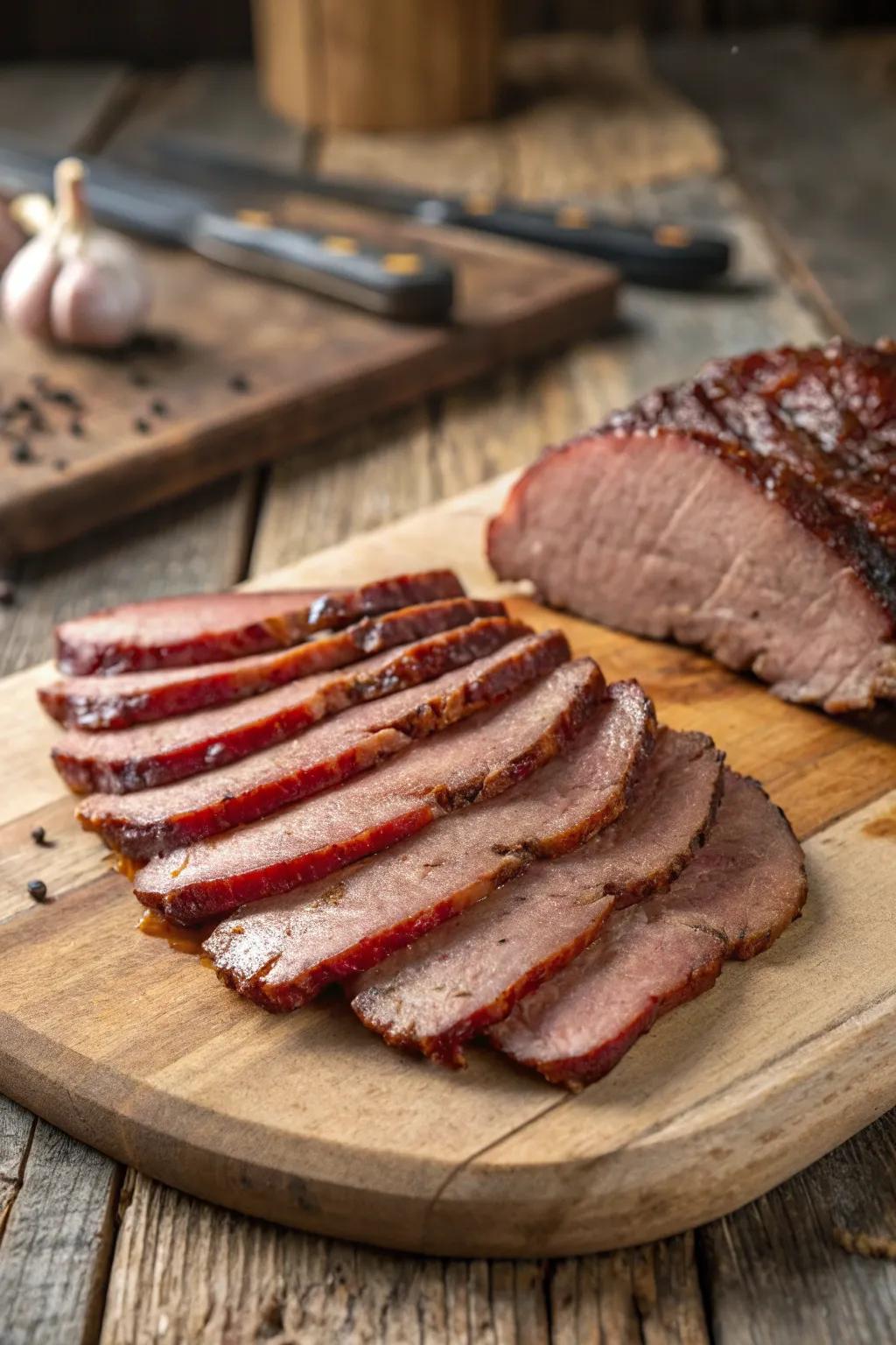 Thinly sliced brisket elegantly displayed in a fan shape.