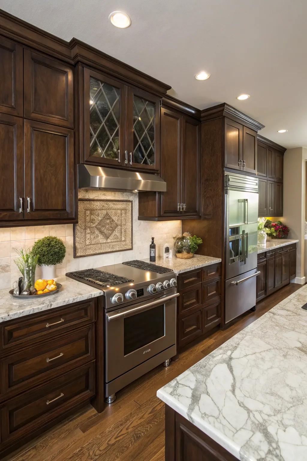 Walnut cabinets offer a rich, timeless appeal to modern kitchens.