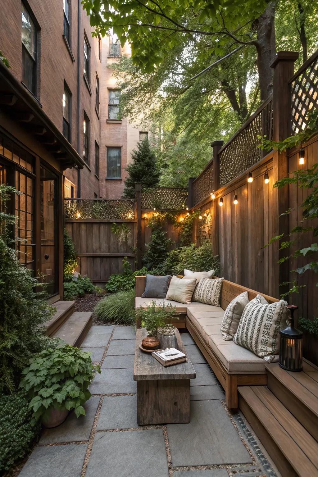 A cozy seating nook invites relaxation in this brownstone backyard.