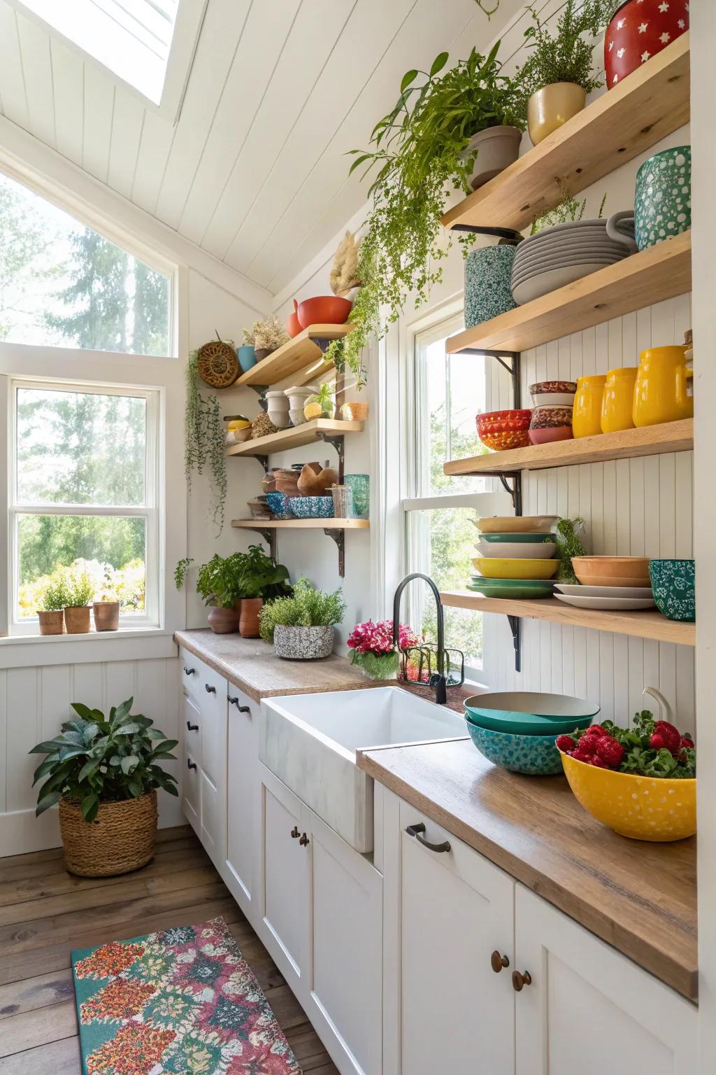 Open shelving adds a personal and functional charm to this small kitchen.