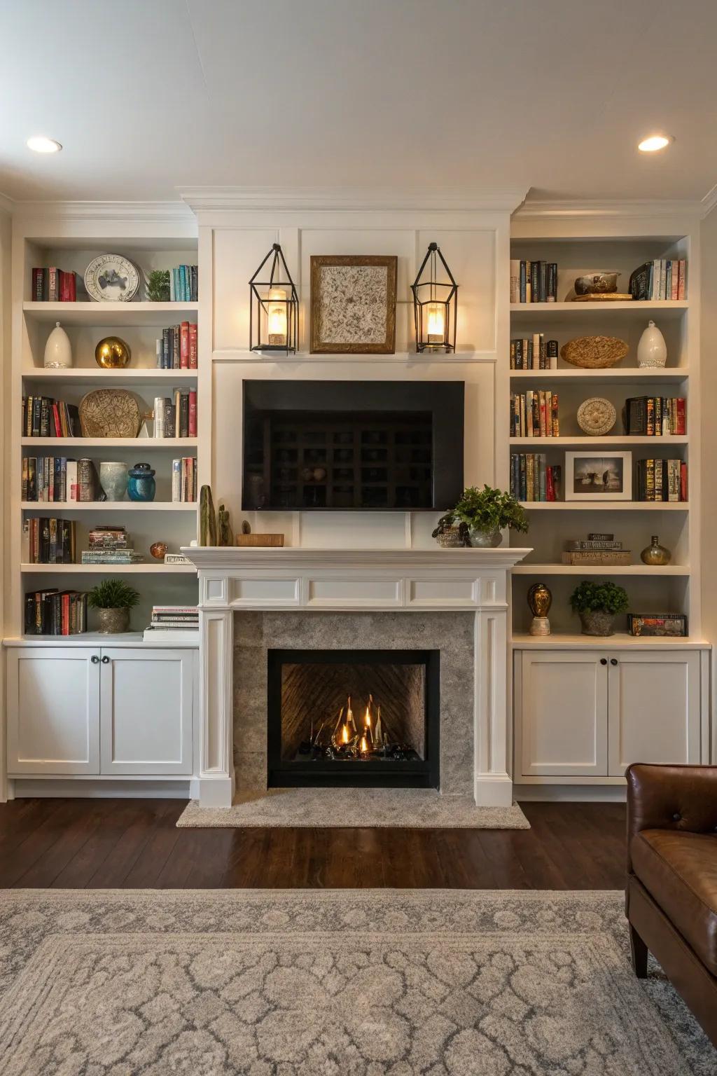 Symmetrical shelves create a balanced and inviting fireplace setting.