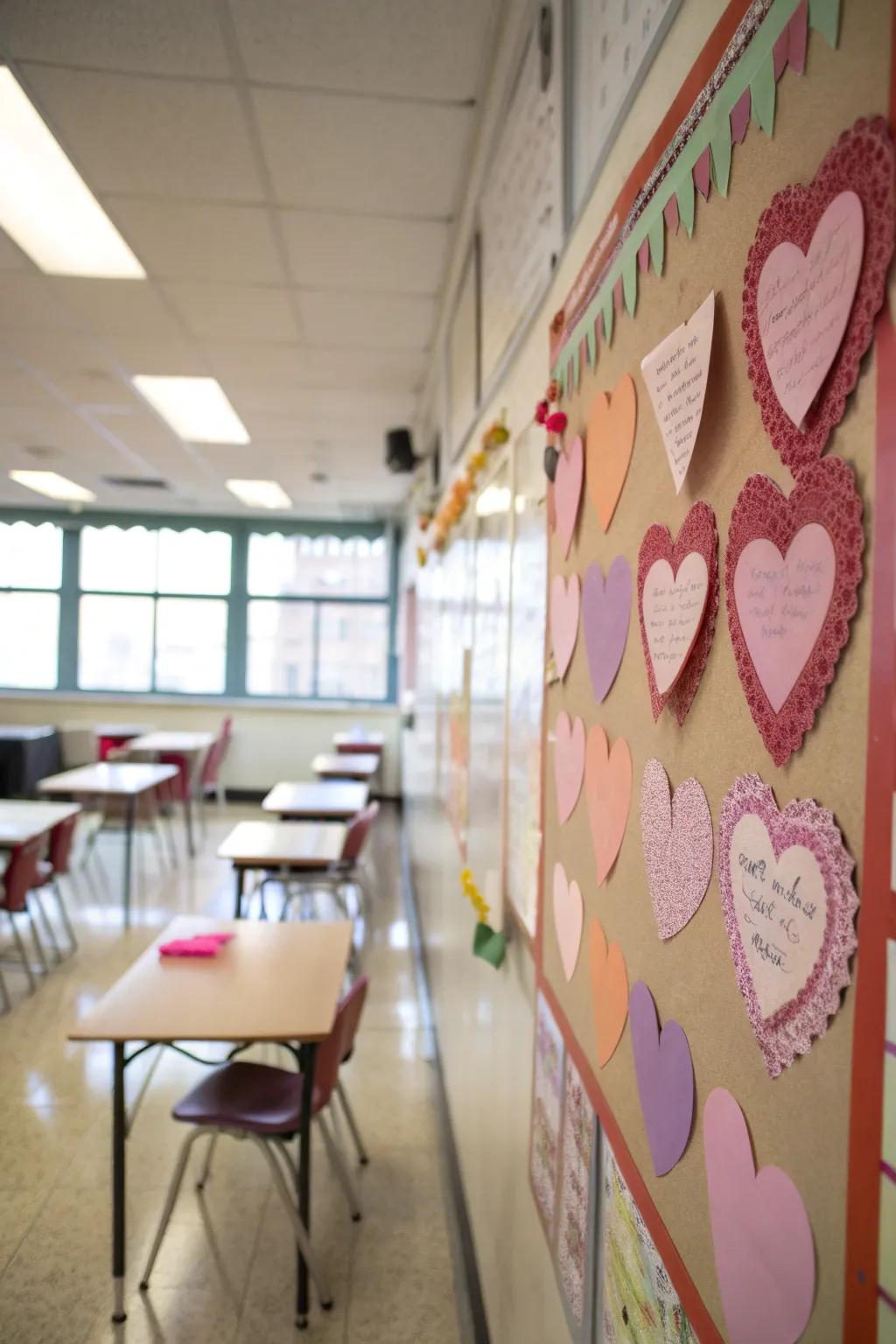 Bulletin board decorated with heart-shaped cutouts carrying messages of love.