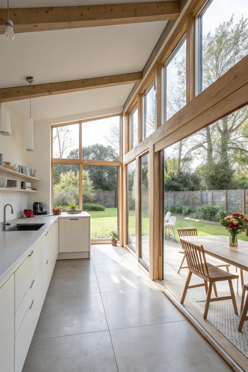 An open bungalow kitchen that invites natural light through large windows.