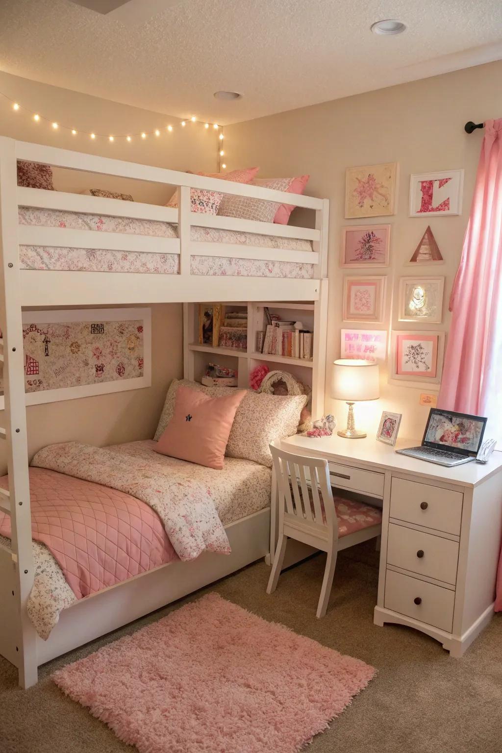 L-shaped bunk bed offering a study nook in a beautifully decorated girl's room.