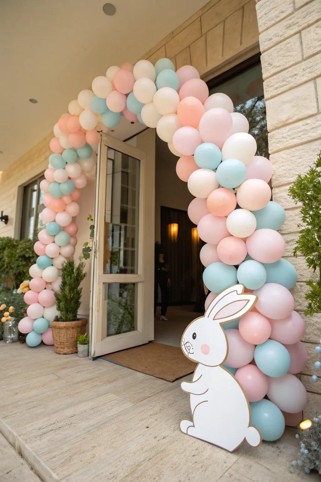 A lovely pastel balloon arch welcoming guests to the bunny baby shower.