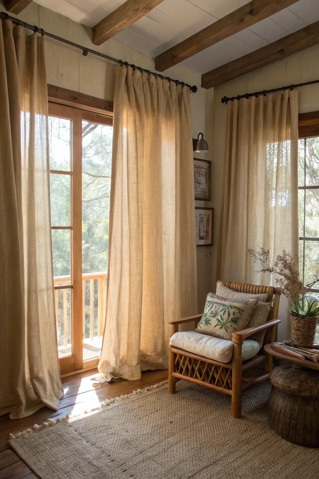 Effortless elegance with no-sew burlap curtains.