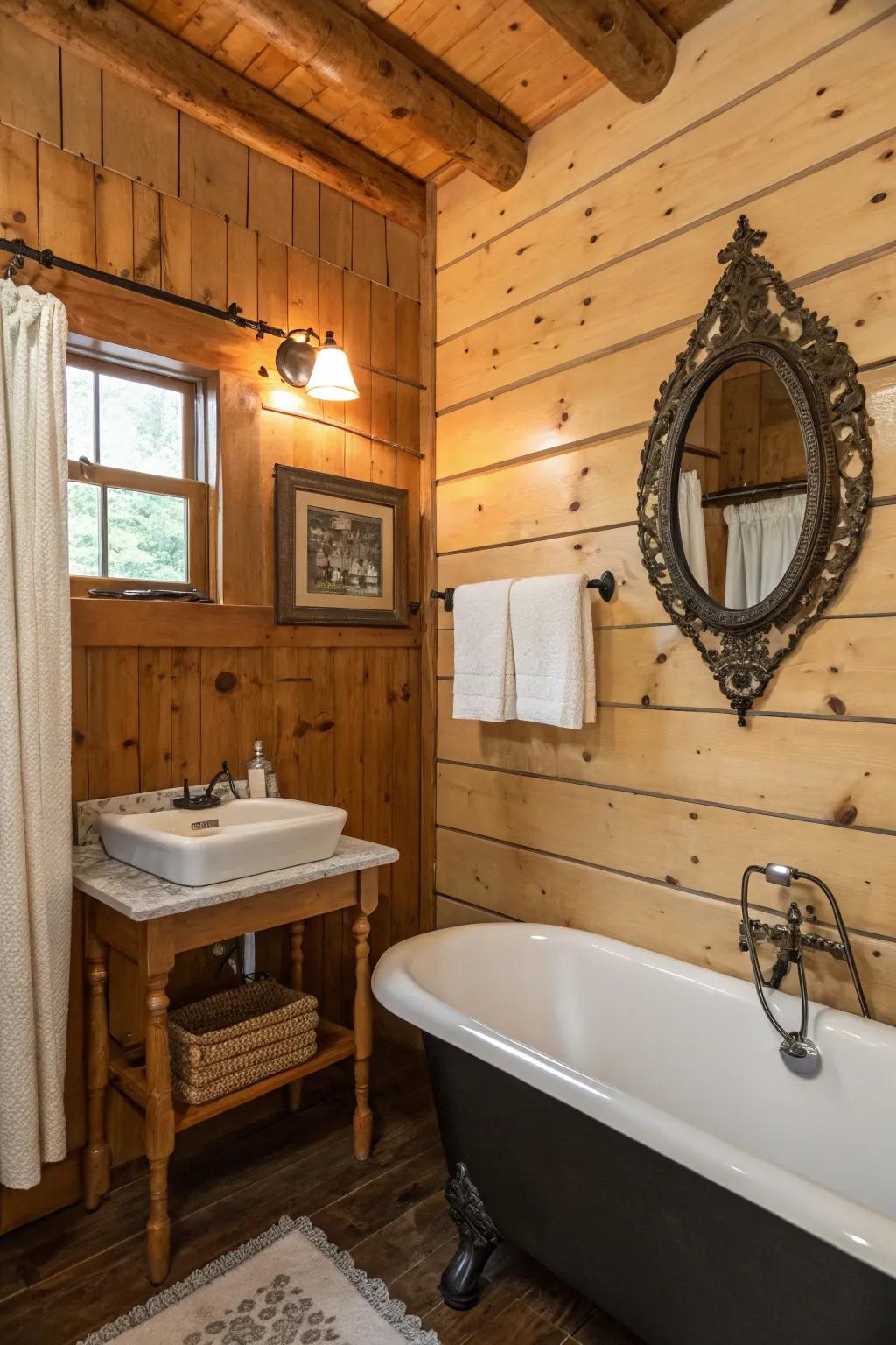 A cabin bathroom adorned with wooden paneling and rustic decor.