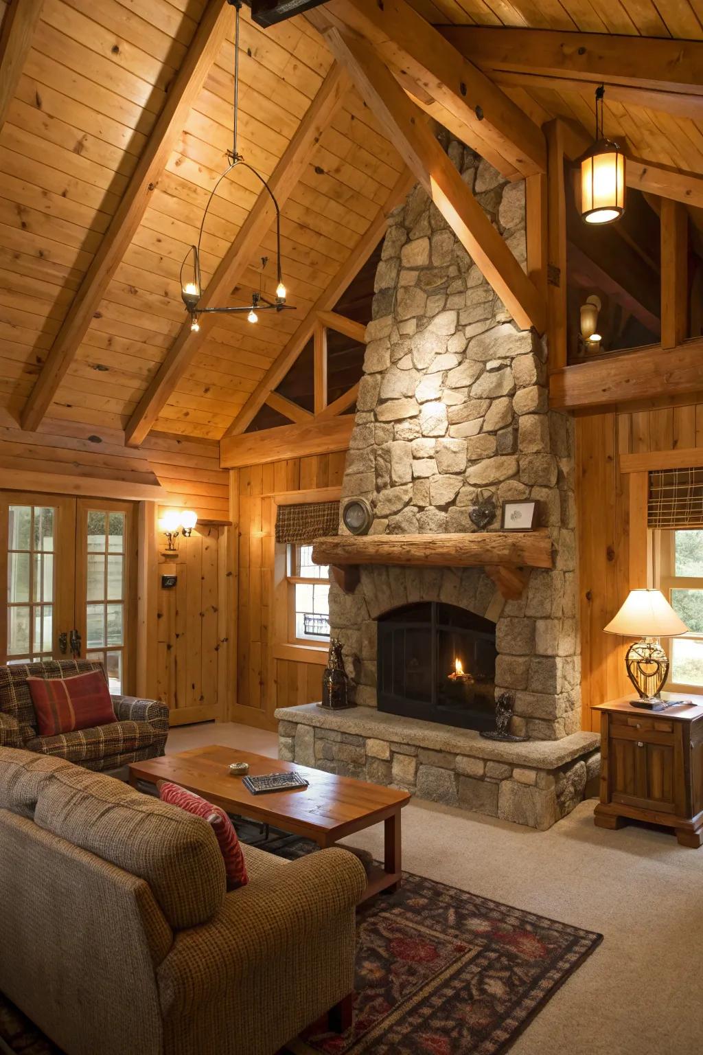 Rustic cabin interior with wood and stone accents