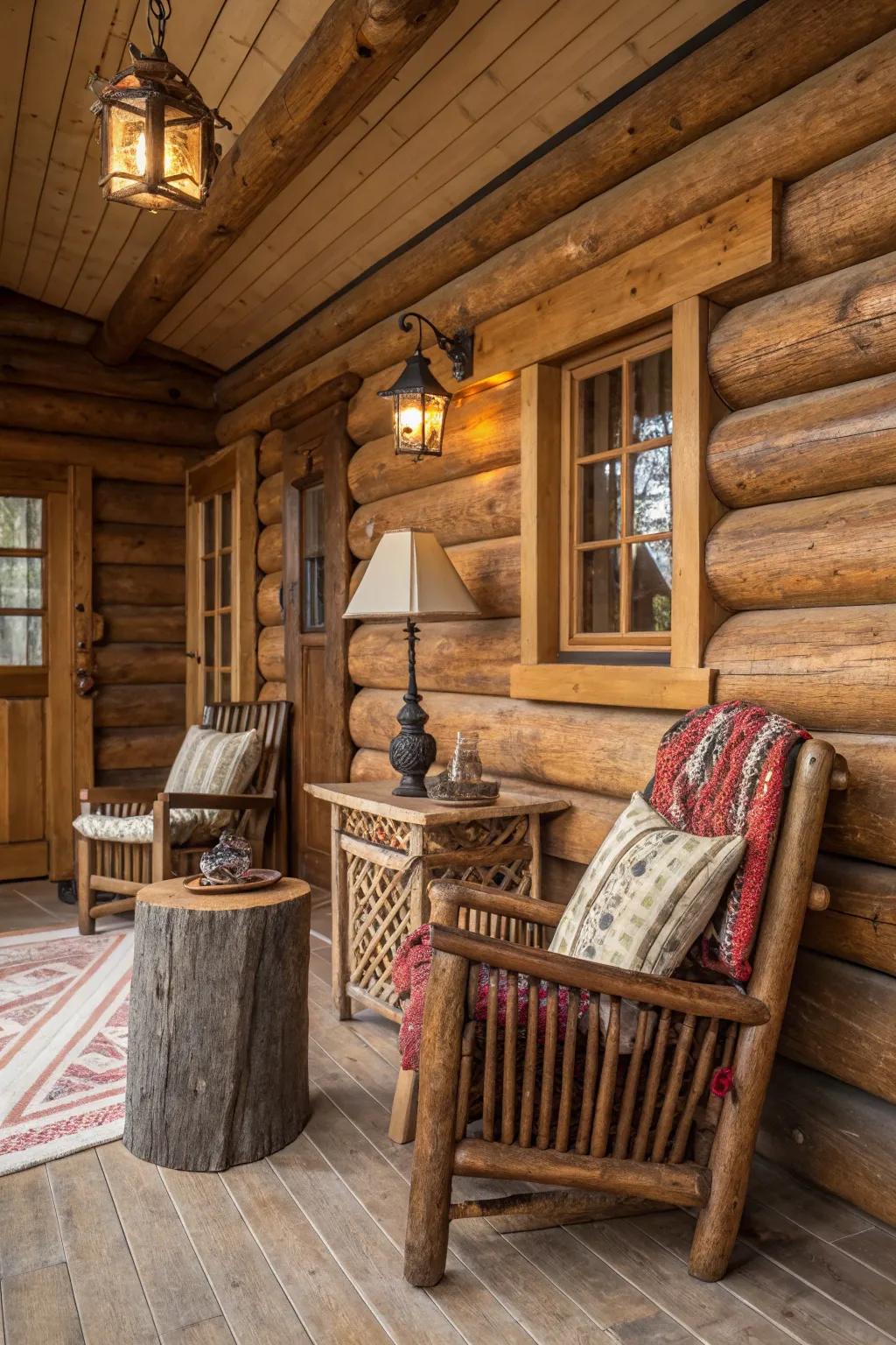 A cabin interior showcasing beautiful wooden elements and natural textures.