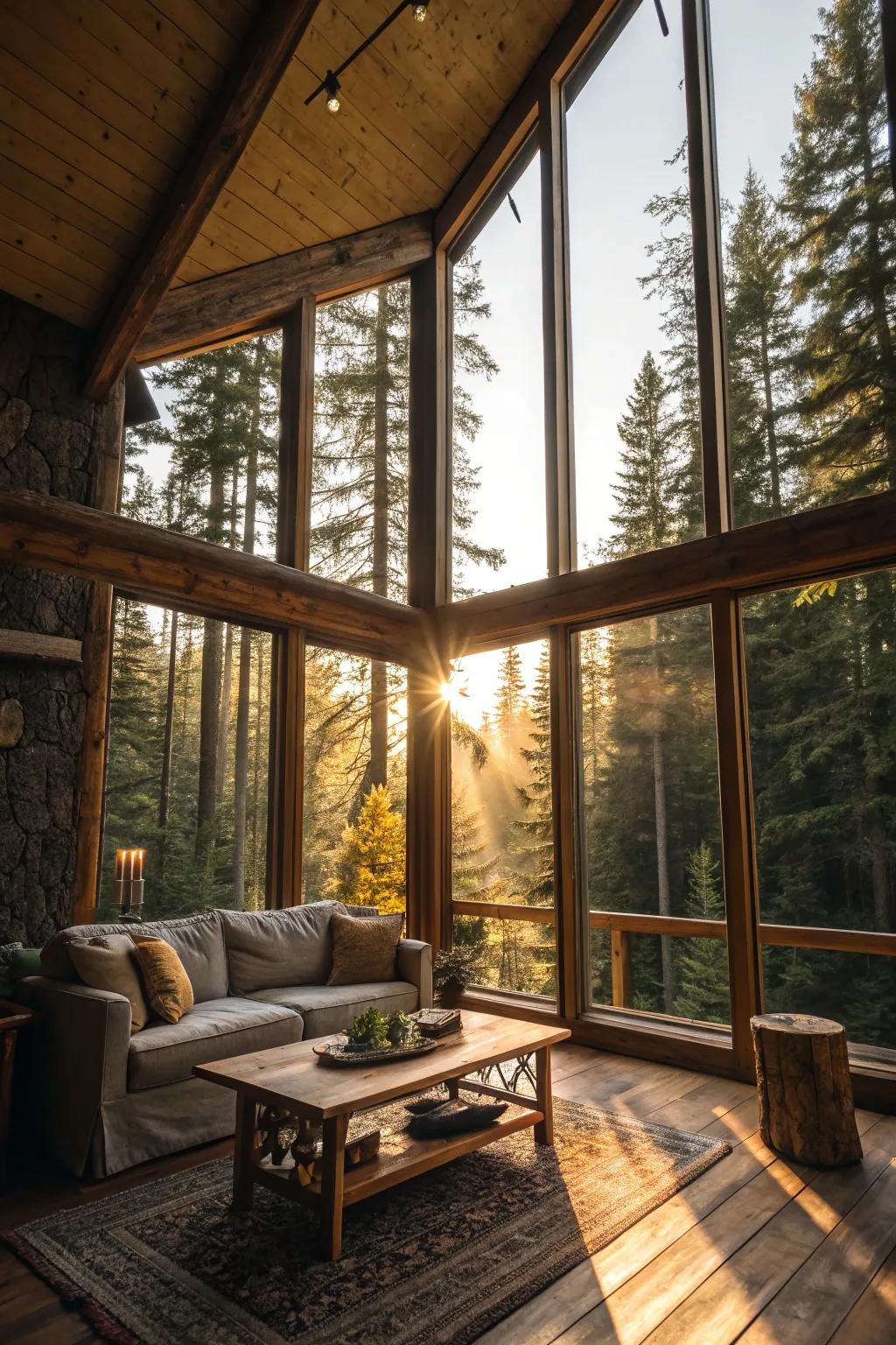 A cabin's interior brightened by expansive windows showcasing nature.