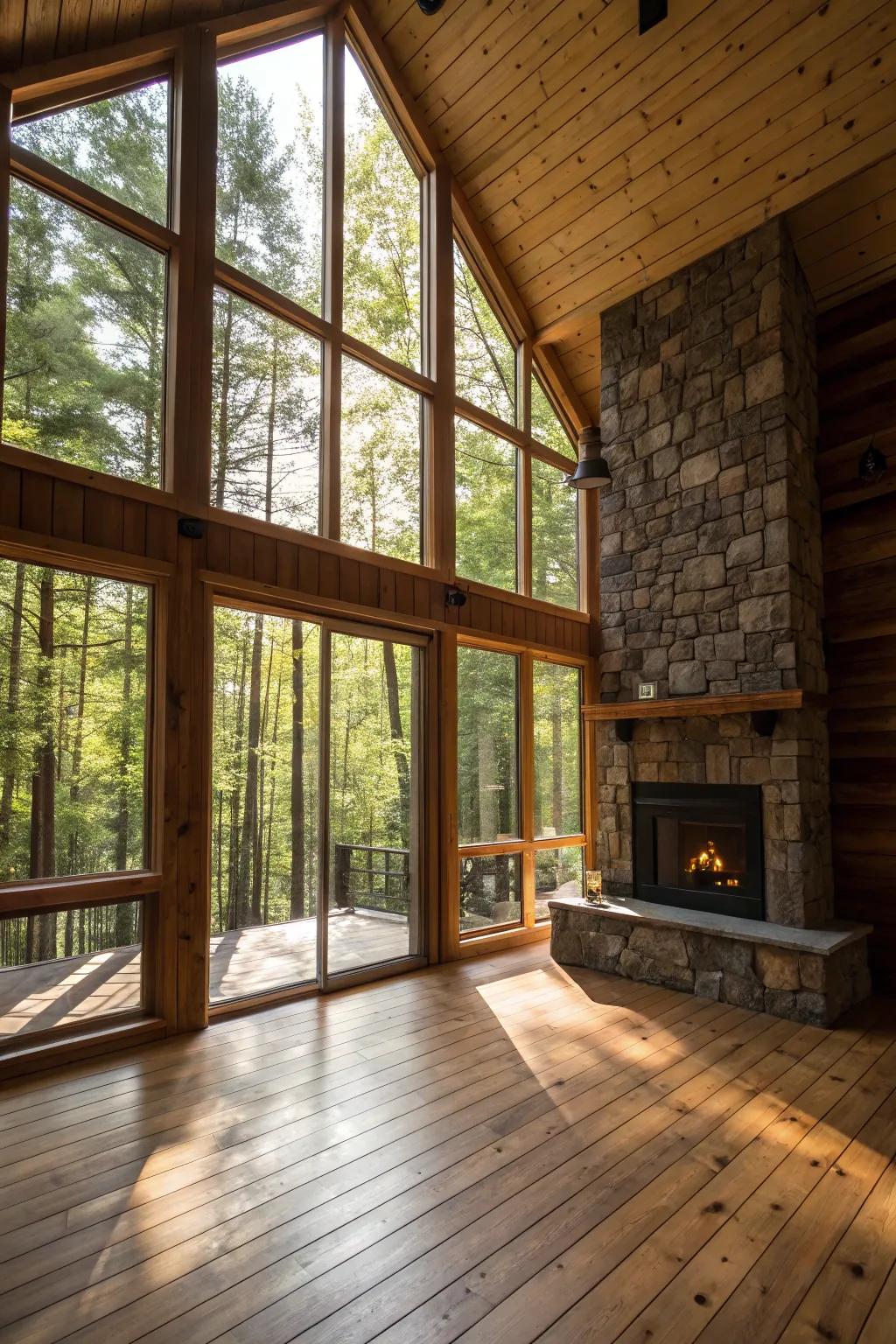 Large windows transform this cabin into a light-filled haven.