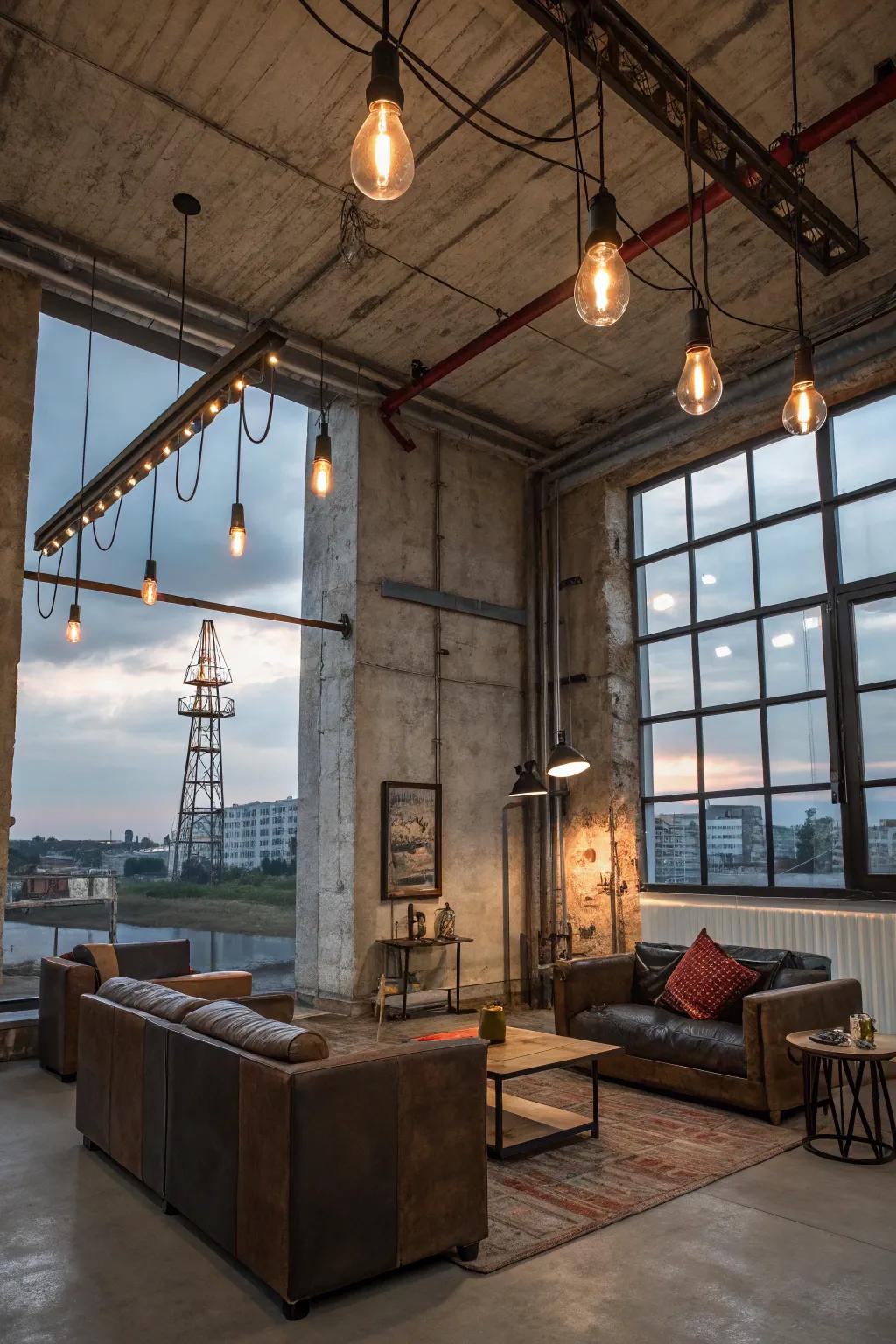 Achieve an urban loft look with industrial cable lighting in your living room.