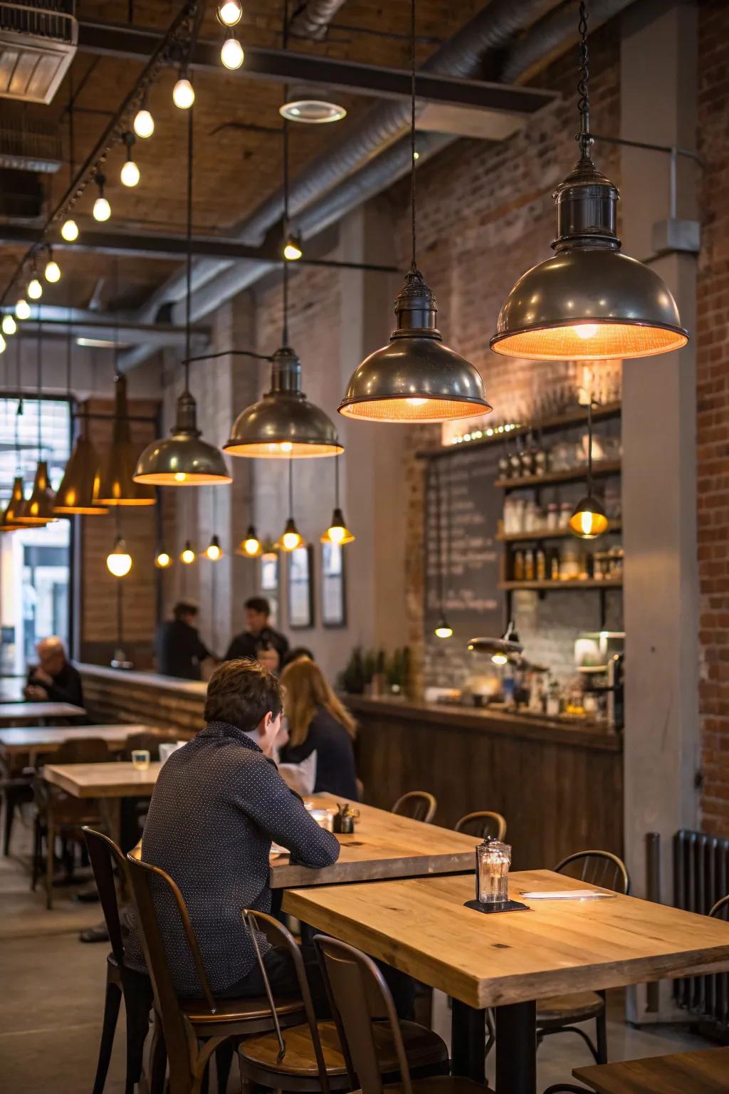 Industrial pendant lights casting a warm glow over wooden tables in a cozy cafe.
