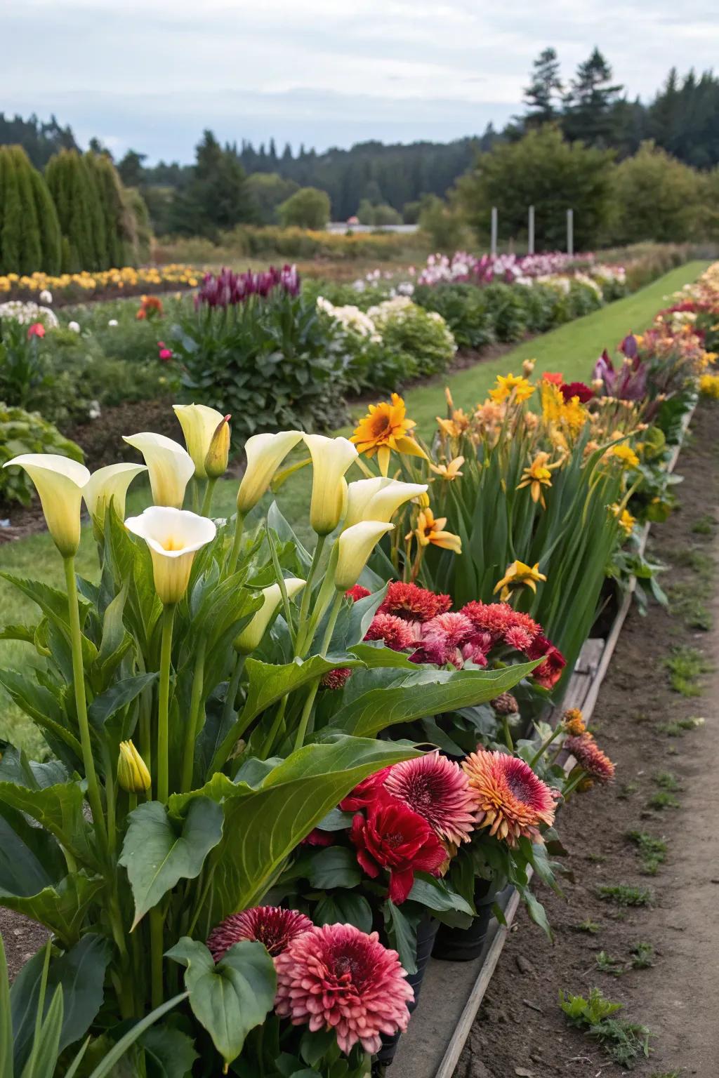 A cutting garden with calla lilies and companion flowers for fresh bouquets.