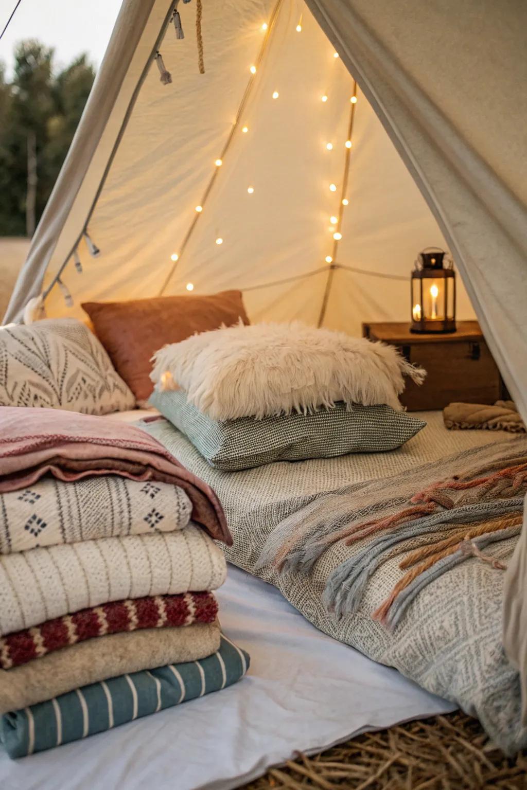 Create a cozy sleeping area with layered bedding and soft materials.