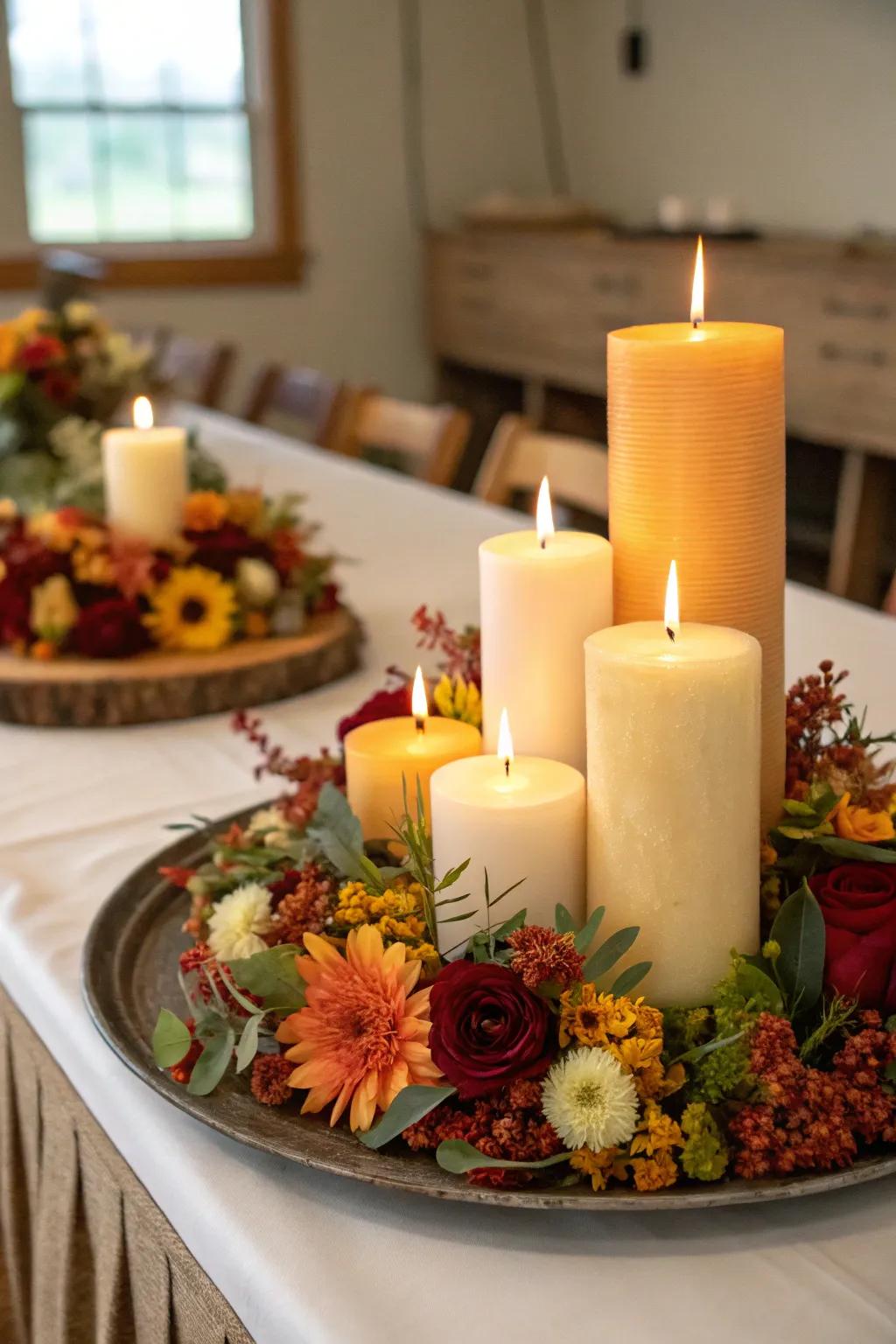 A layered display of pillar candles with seasonal flowers.